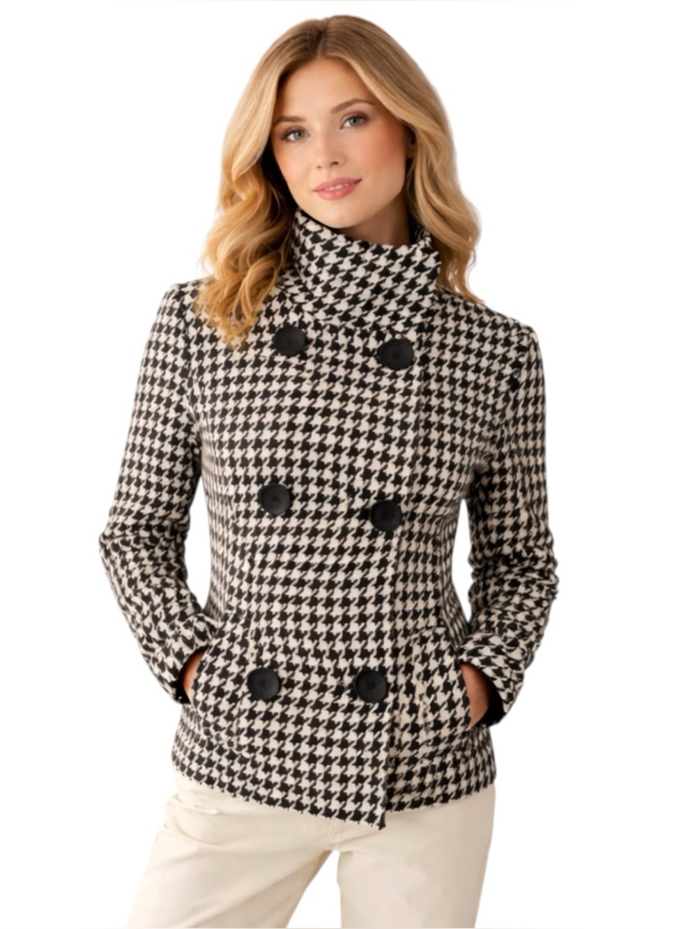 Guess Houndstooth Wool Blend Coat Double Breasted Tailored Chic Fall Jacket